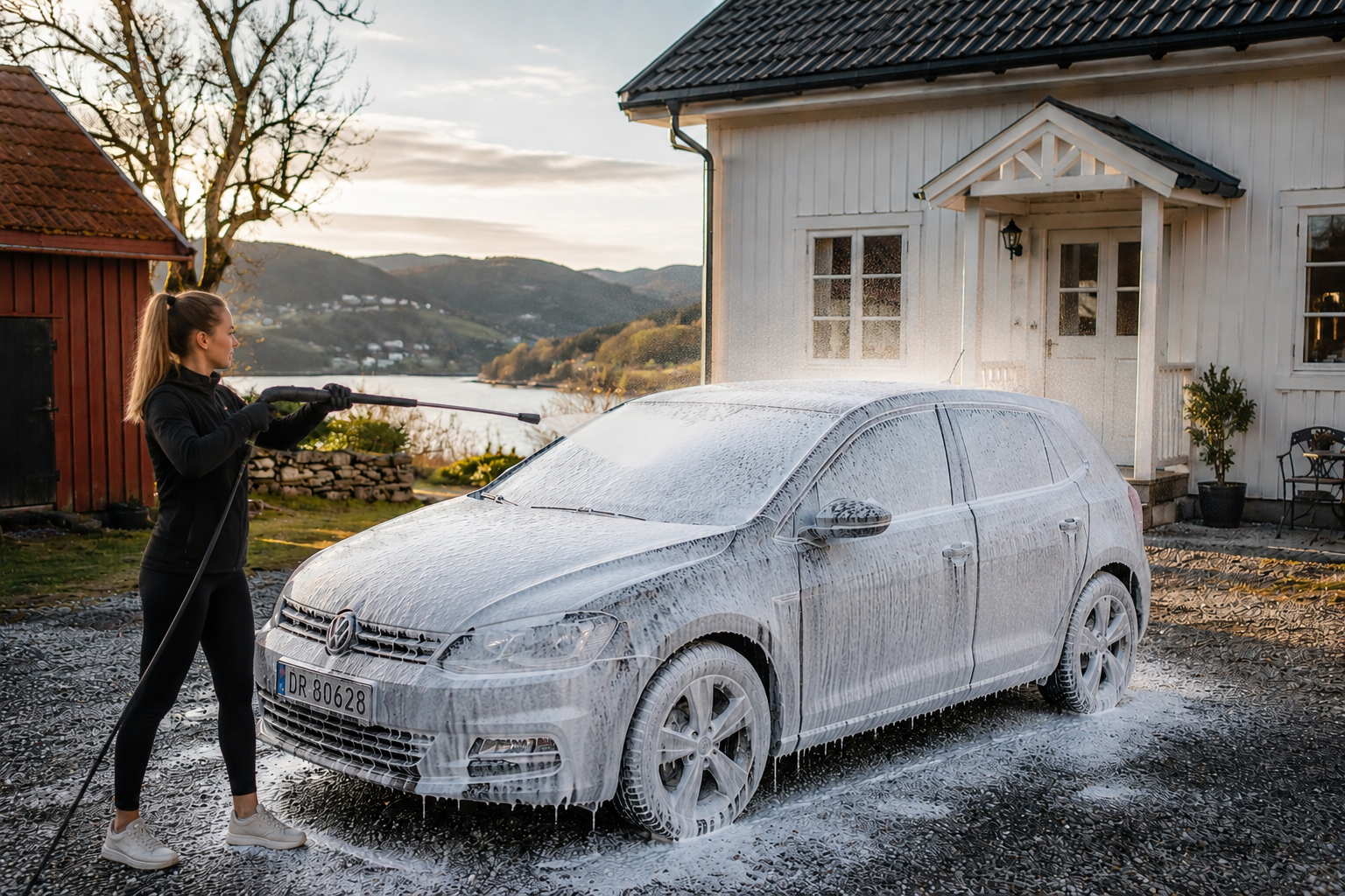 Spyl bilen nedenfra og opp